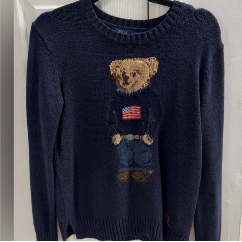 Vintage Polo Ralph Lauren Bear Sweater Navy Knit OG RL Polo Bear USA Flag - Picture 8 of 12